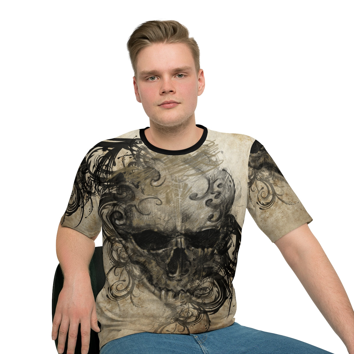 Men's Loose T-shirt-Tattoo Skull