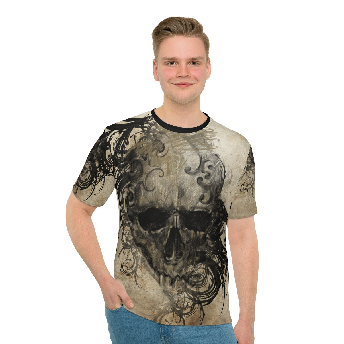 Men's Loose T-shirt-Tattoo Skull